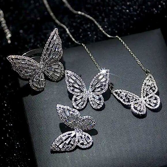 Platinum Butterfly Matching Zircon Necklace Earrings Ring Silver Set - Picture 1 of 10